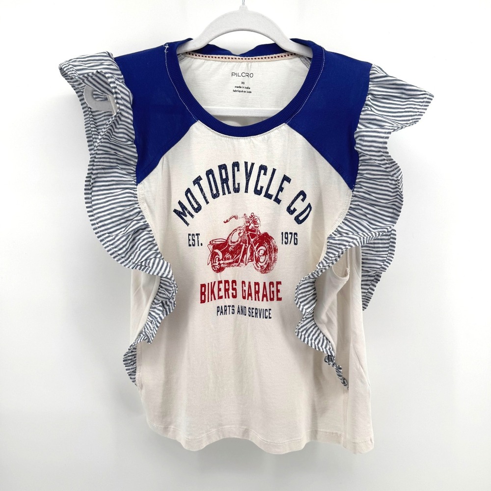 Pilcro Graphic Tee Women XS Red White Blue Ruffle Sleeve Biker Garage Streetwear
